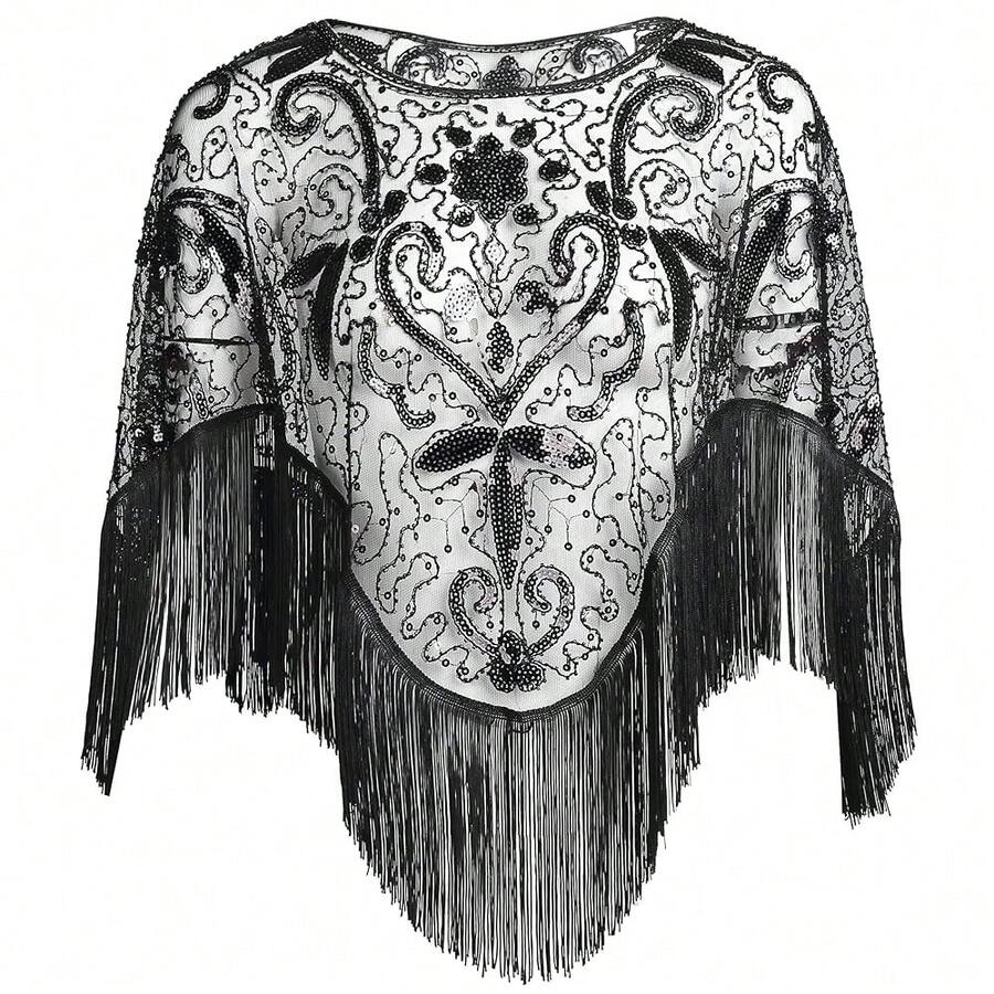 1920s Shawl Wraps Sequin Beaded Evening Cape For Gatsby Party Bridal Shawl Women Evening Cape Flapper Cover Up{"Color_name":"AllBlack"} - 全黑 - 查看 1