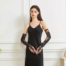 Long Lace Fingerless Elbow Gloves - Sheer Mesh Tulle Opera Wedding Gloves For Prom Dance Costume Party{"Size_name":"20\"","Color_name":"Black"} - Black - 查看 2