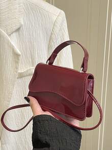 时尚亮面漆皮极简主义马卡龙色迷你单肩包，女士休闲小众设计，甜美通勤包 - 酒紅色 - 查看 2