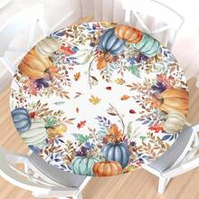 Water-Resistant Round Tablecloth With Elastic Edge For 40-44" Tables - Autumn-pumpkin Leaf - View 1