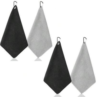 4 Pcs Premium Golf Towel Set, Microfiber Waffle Pattern With Heavy Duty Clips, Effective Sand/Mud/Grass Removal, Washable, Gray/Black For Cleaning Clubs/Irons/Putters
