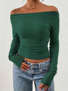Women's Fall Long-Sleeve Shirt With Side Pleats Basic Boat Neck T-Shirt Casual Slim-Fit Ribbed Knit Cropped Top - Màu xanh lá cây đậm - Xem 2