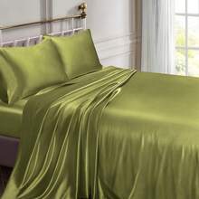 Silky Soft Pink Twin XL Satin Bed Sheets Set, 1 Deep Pocket Fitted Sheet + 1 Flat Sheet + 1 Pillowcase,  In 2025 - Sage Green - View 2