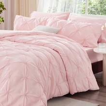 Baby Pink Queen Comforter Set - 3 Pieces Boho Pintuck Lightweight Soft & Warm Bed Comforter With 2 Pillowcases For All Season - 淺粉色 - 查看 2