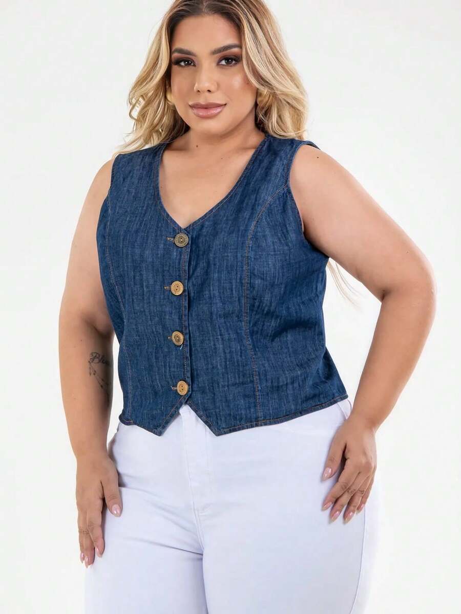 Women's Plus Size And Slim Cropped Jeans Vest - 藍色 - 查看 1