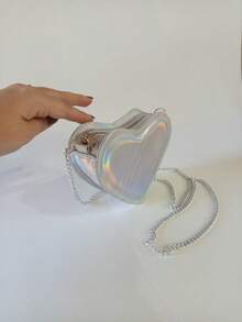 Holographic Heart Shaped Kids Bag, Fashion Modern, Colorful, Light And Fun For Kids - Holographic Silver - View 2