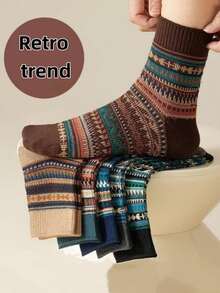 3/5双装，高品质，四季皆宜，中筒袜，复古长袜，适合搭配靴子，欧美风格图案。随机发货。 - 彩色 - 查看 3