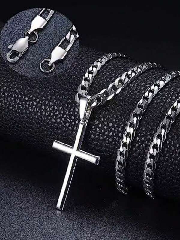 1pc Classic Retro Cross Necklace, Cuban Chain, Horse Bit Chain Necklace, Couples Necklace, Suitable For Daily Wear For Men And Women, Perfect Gift