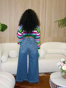 Womens Loose Wide Leg Flare Jeans Side Wide Design High Waist Comfort Denim Pants  Casual Fashion Vintage Style Plus Size Stretchy Soft Material Classic Blue Black Washed Distressed Lightweight Breathable Skinny Bootcut Retro Chic Streetwear Everyday Wear Staple Wardrobe Essential Must Have Popular Best Seller Top Rated (Non-Stretch ) - Blue - View 2