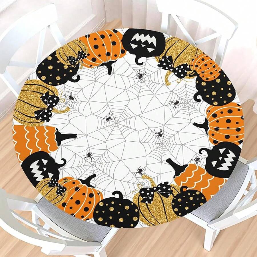 Water-Resistant Round Tablecloth With Elastic Edge For 40-44" Tables - Spooky-pumpkin - View 1