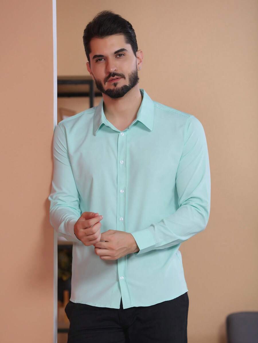 Men's Long Sleeve Dress Shirt, Plain With Elastane, Body Fabric, 90% Polyester, 10% Non-Greasy, Easy To Iron - 薄荷綠 - 查看 1