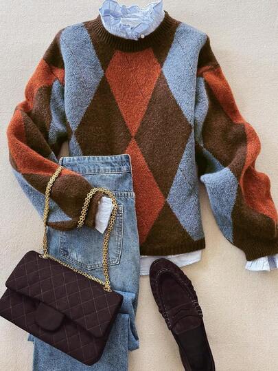 Autumn And Winter Fashionable, Comfortable, Warm, Diamond Pattern, Contrasting Colors, Round Neck, Long Sleeves, Loose Knit Sweater Pullover