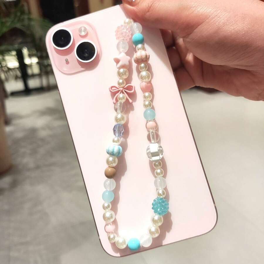 Pink & Blue Beaded Phone Lanyard, Bow Accent Bead Strap, Preppy Aesthetic Wrist Cord For IPhone