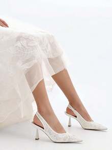 Slingback Wedding Heels For Women Bridal Lace Mesh Kitten Heel Closed Pointed Toe Pearl Pumps Shoeshalloween - White Lace - View 9