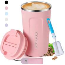 510 ml/18 oz Taza Termo de Caf de Acero Inoxidable 304 con Tapa, Vaso Trmico para Caf con Cuerda y Cepillo, Taza de Vaco para Bebidas Fras y Calientes Morado - rosa - Ver 2