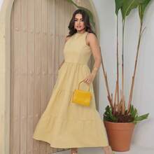 Women's Sleeveless Casual Party Premium Linen Midi Dress - 黃色 - 查看 1