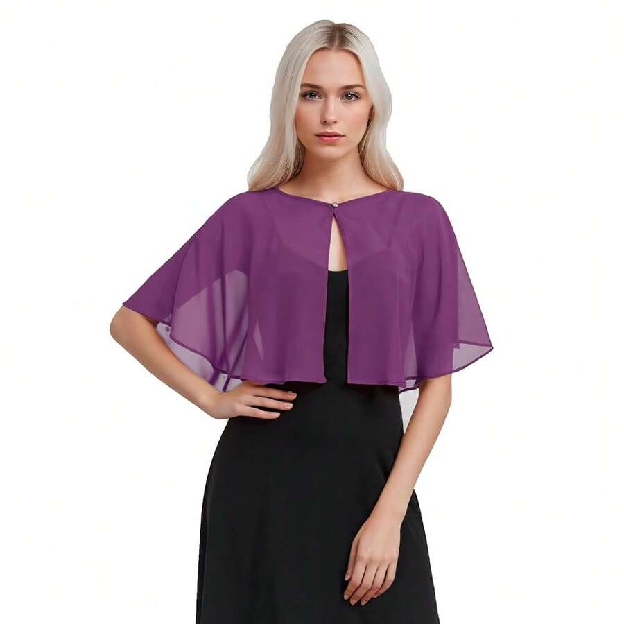 Women's Soft Chiffon Capelets Shawls And Wraps For Evening Wedding Cape Bole Cover Up{"Color_name":"Mulberry"} - Mulberry - 查看 1