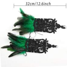 L'VOW 2Pcs Gothic Black Lace Feather Long Gloves For Women Halloween Witch Costume Swan Wristband Cuff{"Color_name":"A-Green"} - A-Green - 查看 4
