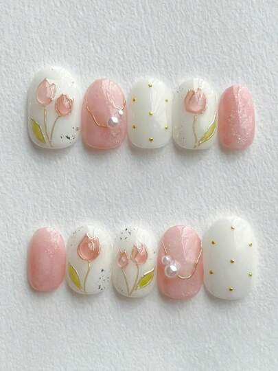 10 pezzi di unghie finte corte di stile ovale, di colore rosa, realizzate a mano, in stile Y2K delicato e carino, con decorazioni dipinte a mano come tulipani rosa, pois, occhio di gatto, effetto sfumato e trasparente, adatte per donne e ragazze, per primavera, estate, festival, San Valentino e uso quotidiano