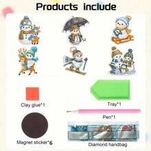 Set de 6 imanes de nevera de diamantes de imitación hechos a mano, muñeco de nieve y amante de los deportes de dibujos animados, set de imanes de arte de pintura de diamantes, decoración del hogar, ideal para Halloween, regalos de Navidad