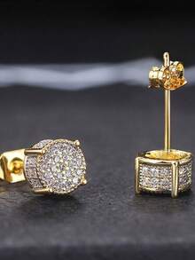 1 Đôi bông tai đính đá Cubic Zirconia tròn, bông tai đôi phong cách Hip Hop Unisex màu vàng và bạc, quà tặng Giáng sinh, kỷ niệm, sinh nhật, ngày lễ tình nhân - Nhiều màu - Xem 6