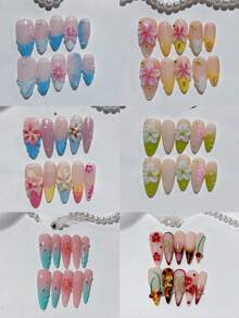 24Pcs Long Almonds 3D Gel Nails Halloween Style Grace Press On Nails - Styles Are Randomly Delivered, There Is A Chance To Buy More And Get More Press On Nails Long Fit Nail Set, , Easy To Wear Flower Nails & Summer Nails Art Woman Girl Daily Work Wear Rave Party Use Nail Supplies Nails - CD ngẫu nhiên - Xem 6