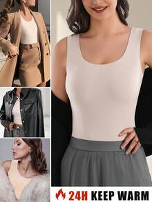 高品质舒适女士罗纹保暖纯色无袖保暖背心，女士冬季保暖罗纹服装 - 米色 - 查看 5