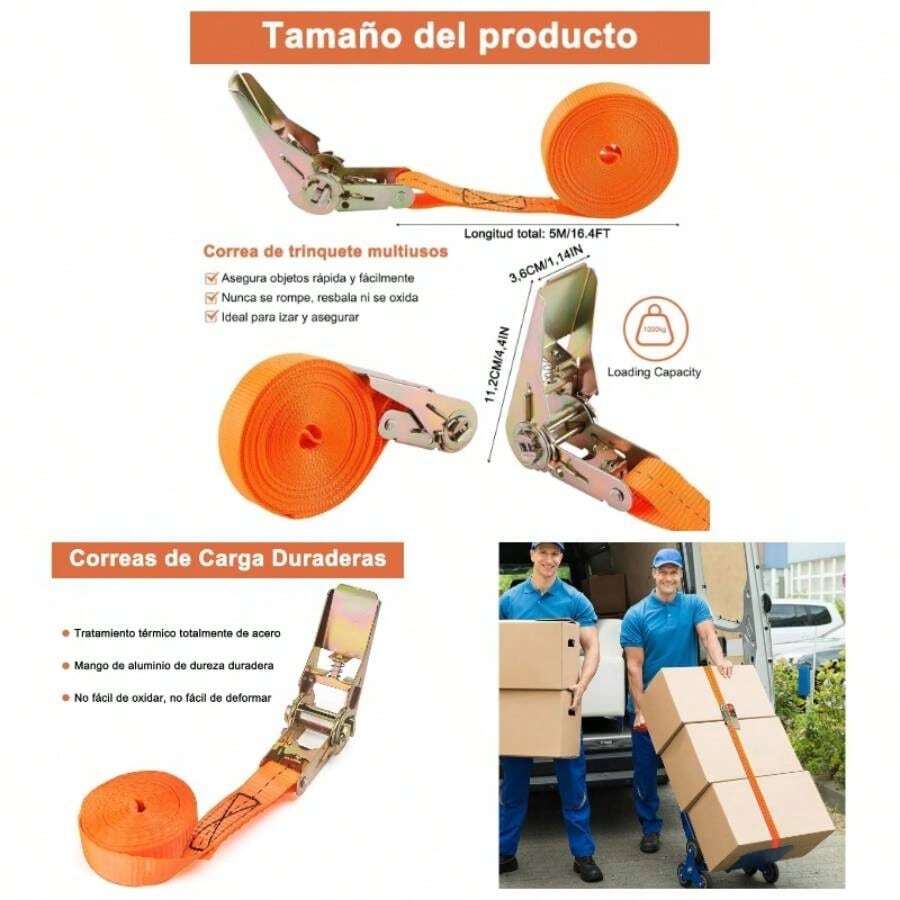 Correas de Carraca Retrctile Juego 4 2.5CM*5M Carga Mx 800KG, Correas de Amarre Remolque, Sujetadore Trinquete con Matraca Resistente a la Rotura para Coche Caravana Moto Bicicleta Camin - naranja - Ver 1