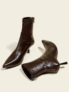 秋冬女士巧克力棕色踝靴，7厘米高跟，弹力修身设计，舒适时尚尖头靴，酒红色鞋跟 - 棕色 - 查看 5