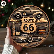 1pcs 2D Flat Vintage Tin Sign 2D Flat Route 66 Vintage Car Wall Decor - Brown With Classic Cars And Road Signs Print - Perfect For Home, Garage, Or Retro-Themed Room Decoration 8x8 Inch Round Metal Sign Suitable For Home Garden Bar  Decorative Sign  Perfect Sign Gift - 8*8 inch - Xem 1