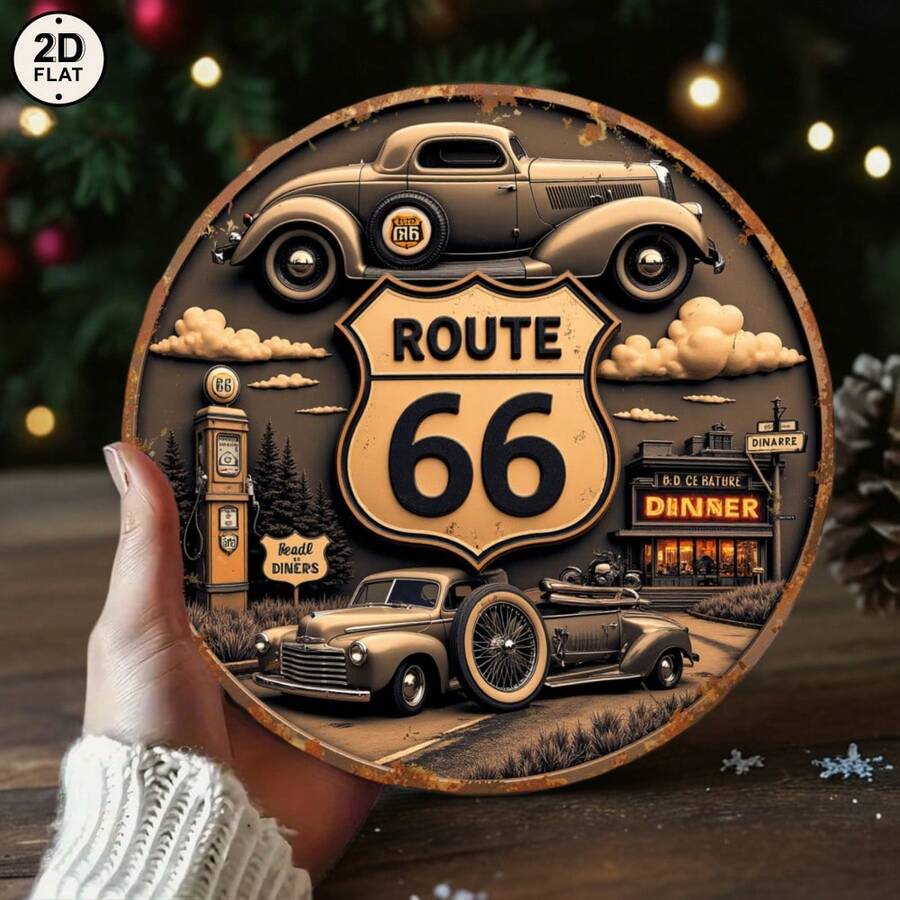 1pcs 2D Flat Vintage Tin Sign 2D Flat Route 66 Vintage Car Wall Decor - Brown With Classic Cars And Road Signs Print - Perfect For Home, Garage, Or Retro-Themed Room Decoration 8x8 Inch Round Metal Sign Suitable For Home Garden Bar  Decorative Sign  Perfect Sign Gift - 8*8 inch - Xem 1