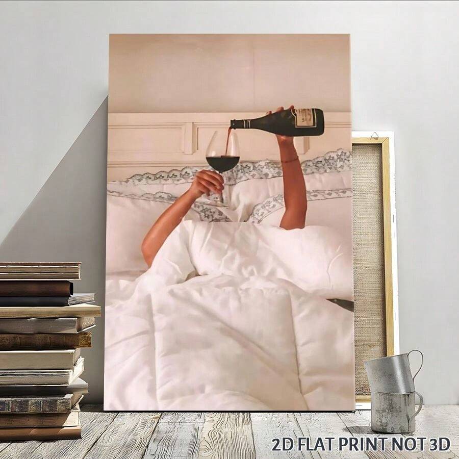 2D Flat, Posters & Prints 1pc Woman Drinking Wine In Bed Framed Wall Art - Canvas Prints Poster, Ideal For Home, Office Wall Decor, Family Gift, Living Room Bedroom Wall Decor - Nhiều màu - Xem 1