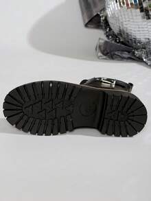 [Thermisch gefüttert & warm] Schwarze Leder-Schnürstiefel mit Schnalle, dicke Sohle für Damen, im Retro-Europäischen & Britischen Stil Motorradstiefel, rutschfeste Knöchelstiefel für Herbst/Winter