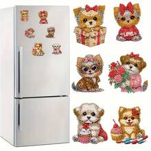 6pcs Diamond Painting Kit, Cute Cartoon Animal Theme - Lovely Dog Pattern, Handmade Multi-Color Fridge Decor For Party, Daily Use, Fridge, Car, Valentine's Day Gift - Multicolor - View 7