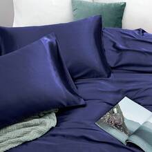 Silky Soft Pink Twin XL Satin Bed Sheets Set, 1 Deep Pocket Fitted Sheet + 1 Flat Sheet + 1 Pillowcase,  In 2025 - Navy Blue - View 5