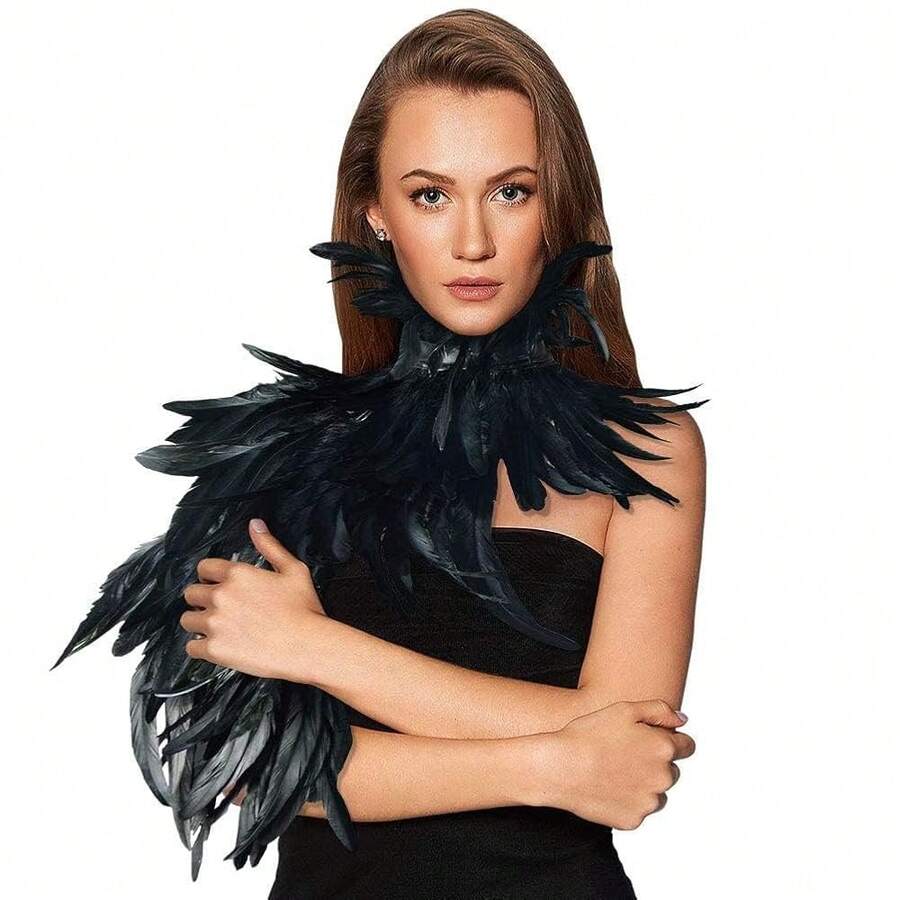 HOMELEX Black Witch Feather Collar Crow Shawl Costume Halloween Swan Wings Accessories Cape For Women{"Color_name":"Style-4"} - 樣式-4 - 查看 1