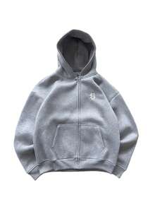 Mens Cozy Relaxed Fit Zip Up Hoodies Oversized Vintage Distressed Embroidered Graphic Hoodies Winter Essentials American Street Style Casual Hoodies With Pockets - Màu Xám nhạt - Xem 1