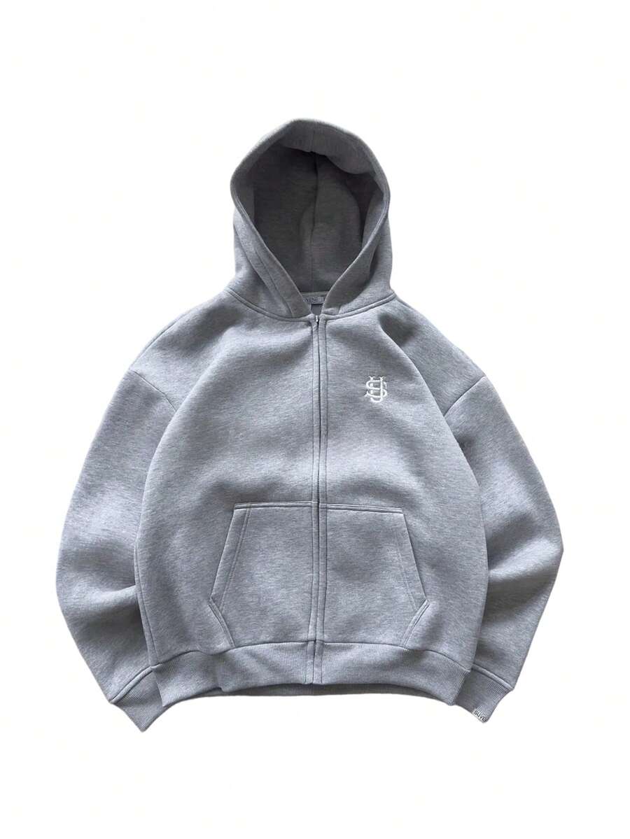 Mens Cozy Relaxed Fit Zip Up Hoodies Oversized Vintage Distressed Embroidered Graphic Hoodies Winter Essentials American Street Style Casual Hoodies With Pockets - Màu Xám nhạt - Xem 1