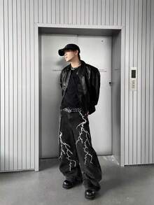 1件男女通用街头服饰品牌Infinite牛仔裤，休闲宽松阔腿牛仔裤（不含腰带和配饰） - 黑色 - 查看 2