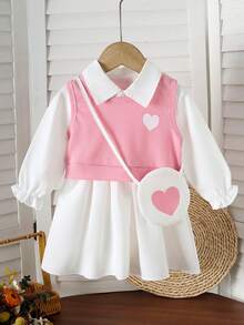 2pcs/Set Baby Girls' Sweet Outfit, White Collar Dress + Pink Heart Knitted Vest (Includes Heart Crossbody Bag), Princess Elegant & Cute Outfit For Daily Wear, Party, Gift - Multicolor - View 13