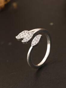 1 Stück 925 Silber beschichteter blattförmiger verstellbarer offener Ring mit kubischem Zirkonia, minimalistisches multifunktionales Accessoire, geeignet für Verlobung, Hochzeit, Neujahr/Valentinstag/Hochzeitsgeschenk, Saudi-Nationalfeiertag Geschenk, Saudi-Werbekatalog, Geschenk für Freundin, Damenschmuck