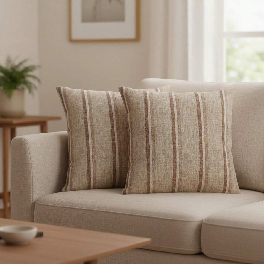 Set Of 2 Decorative Pillow Covers 45x45cm Rustic Linen Style - Beis - Ver 1