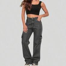 Calça Cargo Grafite  Feminina Cintura Alta  Simples    Casual  elegante  Festa    Bolso  Botão  Zíper    Escola  Diário