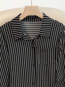 女士长袖单排扣休闲宽松条纹长衬衫 - 黑色 - 查看 4