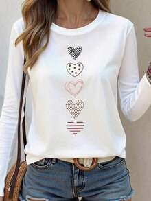 Silhoulove Camiseta de manga larga con cuello redondo informal con estampado de corazón para mujeres, adecuada para las temporadas de primavera y otoño, regalo - Blanco - Ver 1