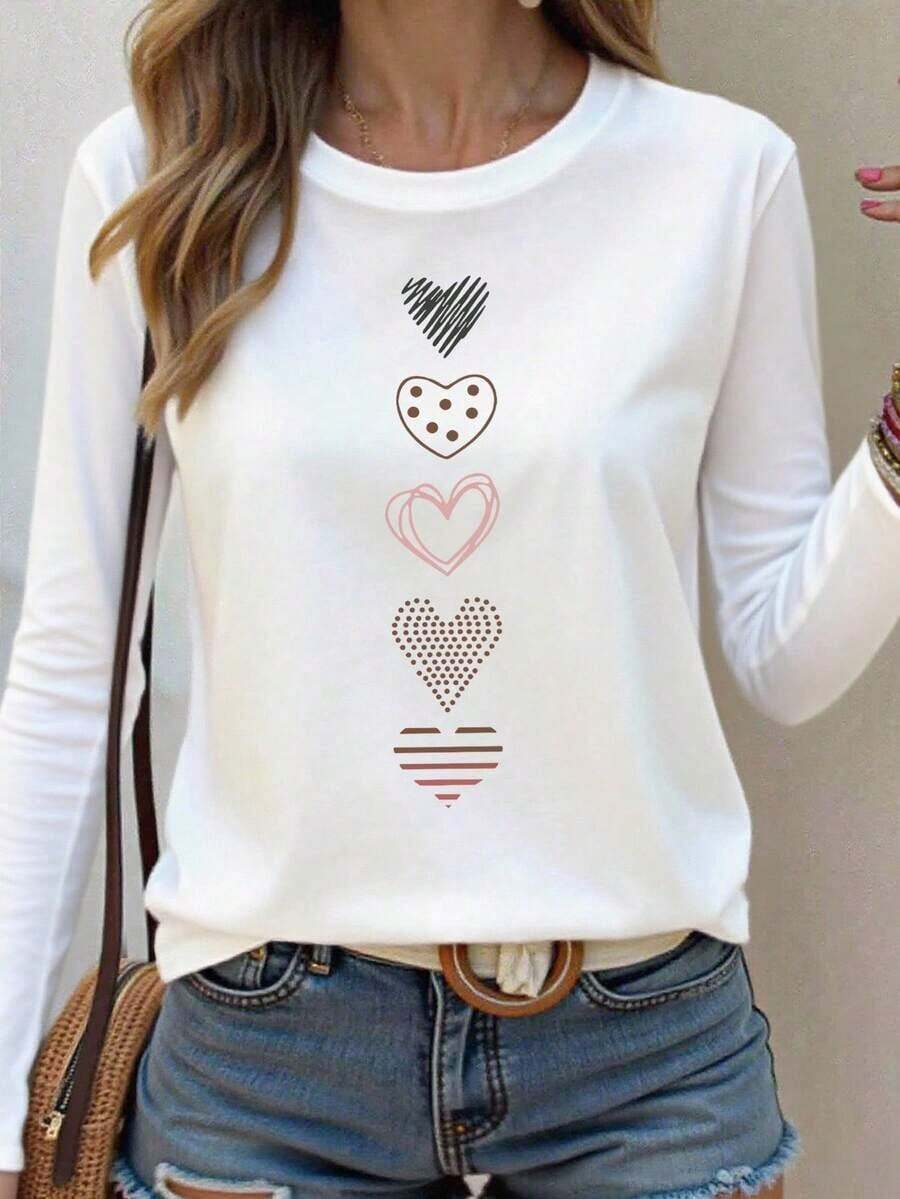 Silhoulove Camiseta de manga larga con cuello redondo informal con estampado de corazón para mujeres, adecuada para las temporadas de primavera y otoño, regalo - Blanco - Ver 1