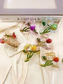 1pc/6pcs/12pcs Floral Print Casual ABS Plastic Tulip Flower Cross Hair Clip, Sweet Hair Claw Hair Accessories For Women Summer Claw Clip Flower Hair Clutch - Multicolor - View 4