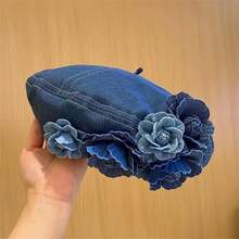 1 Pc New Niche Contrasting Three-Dimensional Flower Denim Beret Hat  And Fashionable Showing Off Face Small Fluffy Artist Hat - 牛仔藍花朵牛仔貝雷帽 - 查看 10