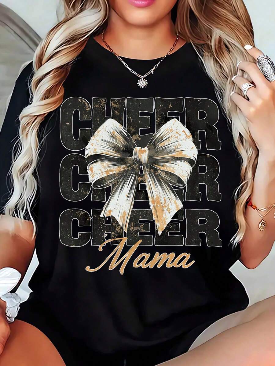 Cheer Mama T-Shirt With Gold Bow Graphic - Women's Loose Fit Top For Cheerleading Moms, Perfect Gift For Mother's Day, Back To School, Or Cheerleader Support Events,220g - 黑色 - 查看 1