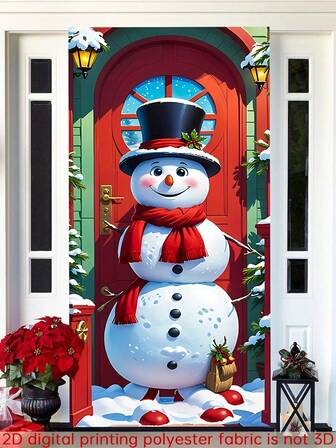 1 pieza Cubierta de puerta con diseño de muñeco de nieve navideño, de 88.9x200.66cm de poliéster, fácil de instalar y quitar, resistente a las manchas con tema de muñeco de nieve, decoración multiusos para el hogar en Navidad, Halloween, invierno, entradas y grandes reuniones festivas